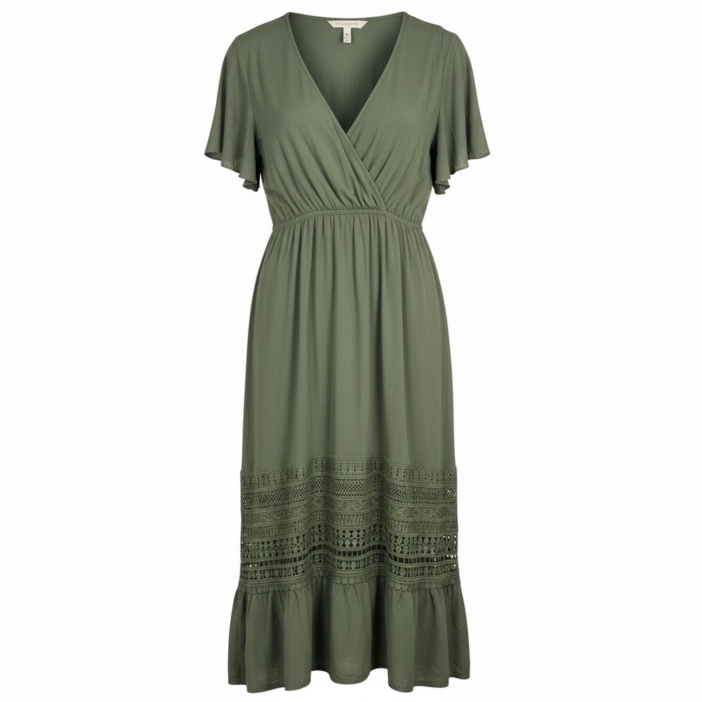 Cupshe Womens Olive Green Lace Inset Midi Dress V-Neck Flutter Sleeve Large